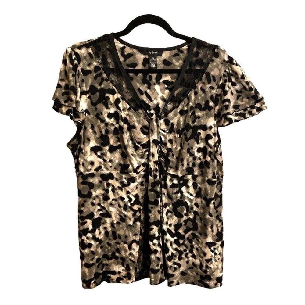 ALFANI Shirt Blouse Women's Animal Print Pleated Neck Tie Front‎ Top Plus 2XL